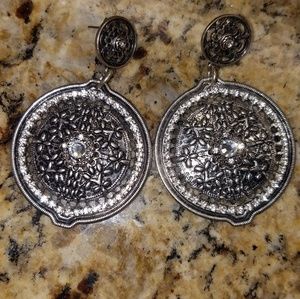 Silver Tone Bangle Earrings with CZ Accent